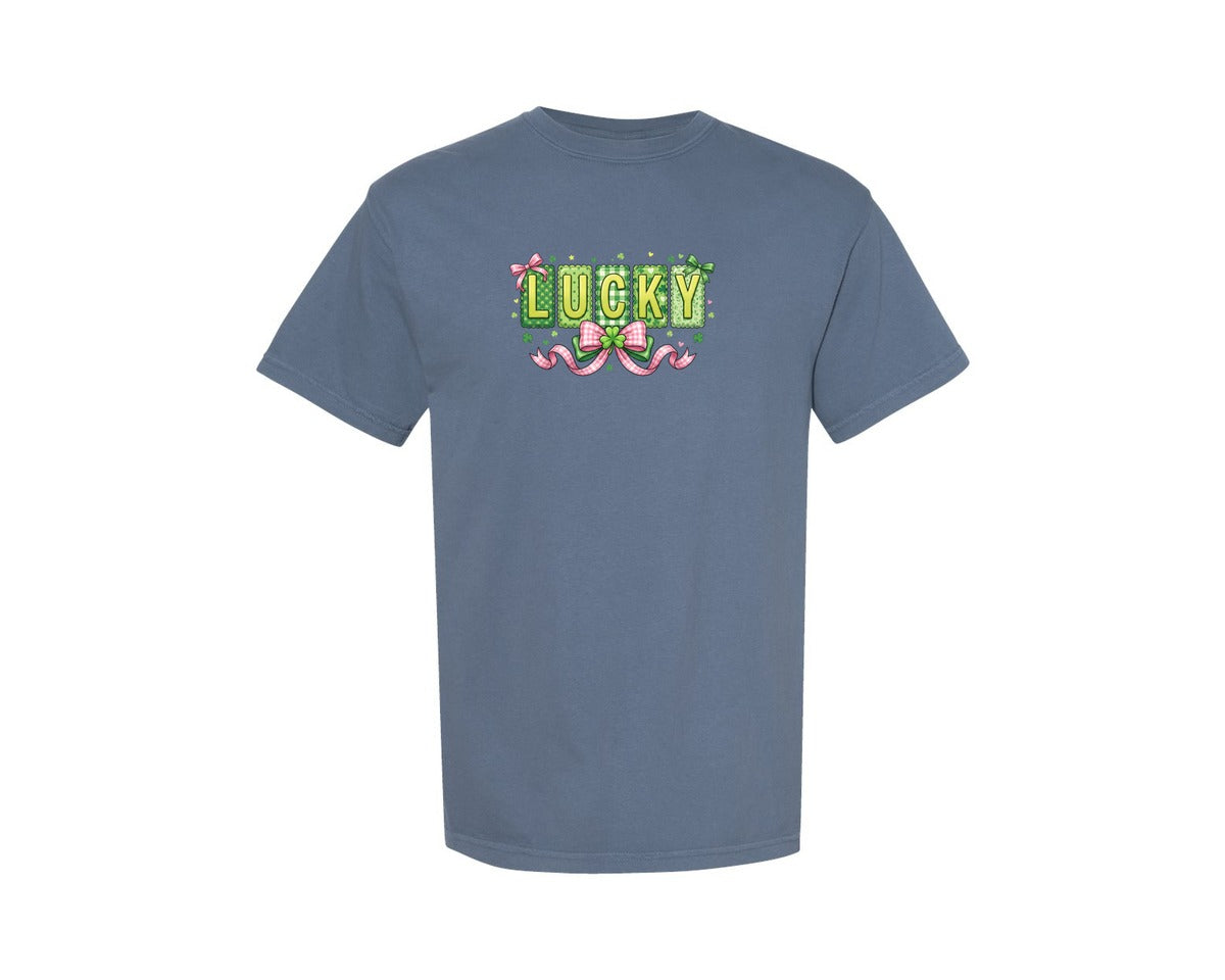 brand:Comfort Colors|color:Blue Jean|Lucky Bow Shamrock St Patrick Graphic T-Shirt