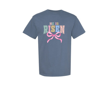 brand:Comfort Colors|color:Blue Jean|He Is Risen Easter Christian Coquette Graphic T-Shirt