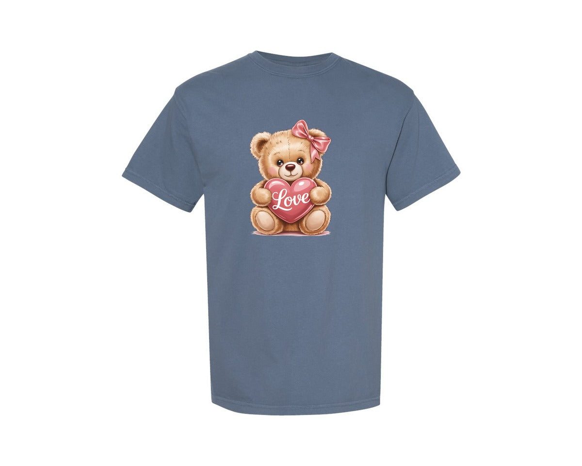 brand:Comfort Colors|color:Blue Jean|Preppy Valentine Teddy Bear Graphic T-Shirt