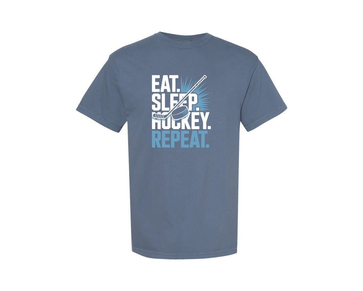 brand:Comfort Colors|color:Blue Jean|Eat Sleep Hockey Repeat T Shirt Design 8 Graphic T-Shirt