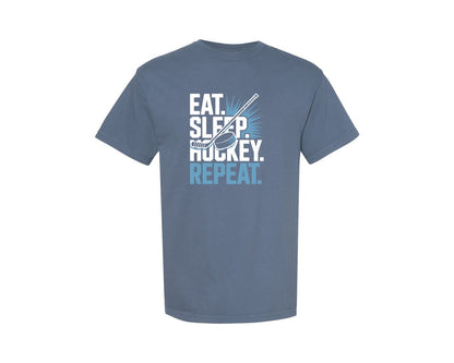 brand:Comfort Colors|color:Blue Jean|Eat Sleep Hockey Repeat T Shirt Design 8 Graphic T-Shirt