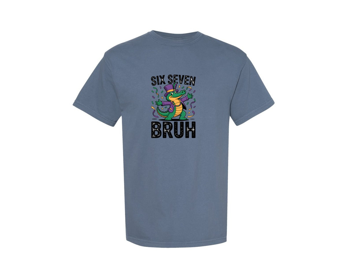 brand:Comfort Colors|color:Blue Jean|Six Seven Bruh Mardi Gras Alligator Graphic T-Shirt