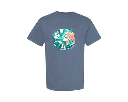 brand:Comfort Colors|color:Blue Jean|World Map Sailing Boat Travel Graphic T-Shirt