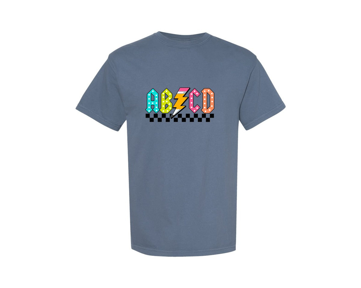 brand:Comfort Colors|color:Blue Jean|Abcd Lightning Bolt Back To School Graphic T-Shirt
