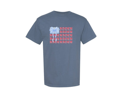 brand:Comfort Colors|color:Blue Jean|Watercolor Usa Flag Made Of Bows Graphic T-Shirt