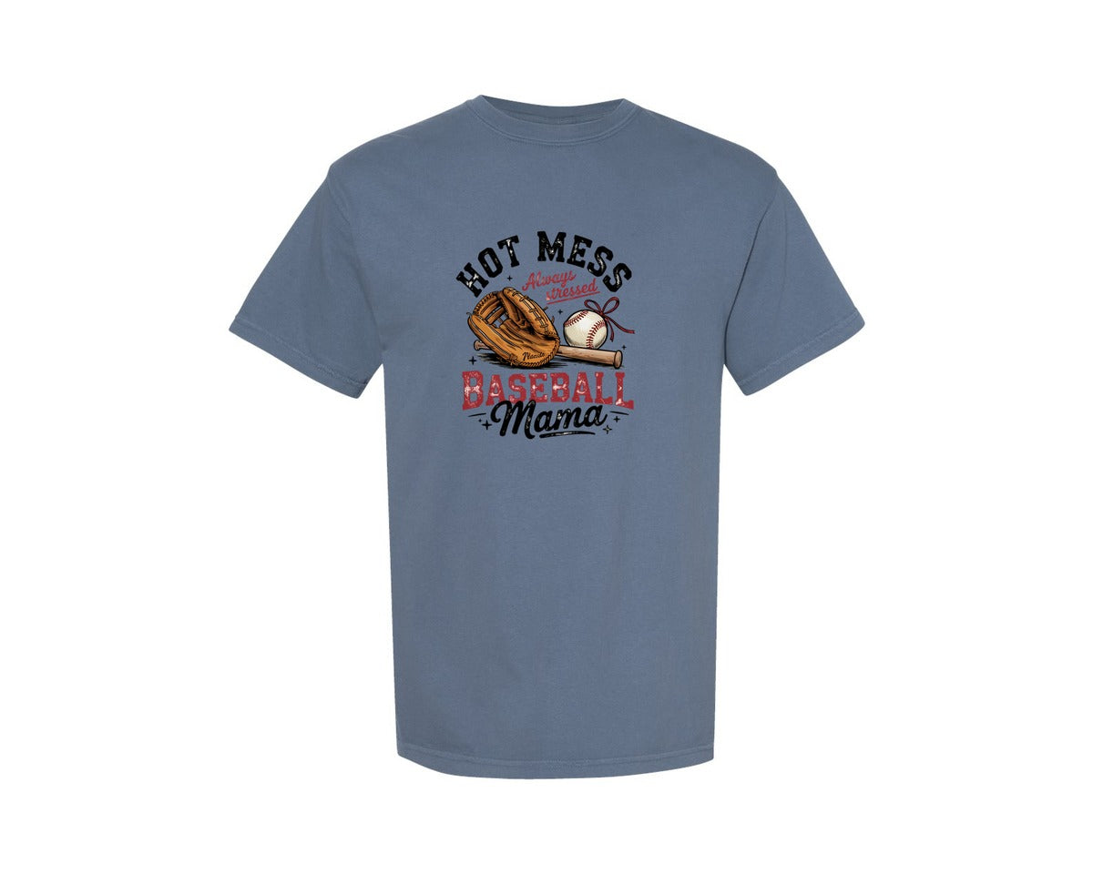 brand:Comfort Colors|color:Blue Jean|Baseball Mama Hot Mess Art Graphic T-Shirt