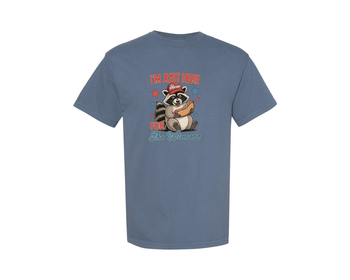 brand:Comfort Colors|color:Blue Jean|Funny Patriotic Hot Dog Raccoon Graphic T-Shirt