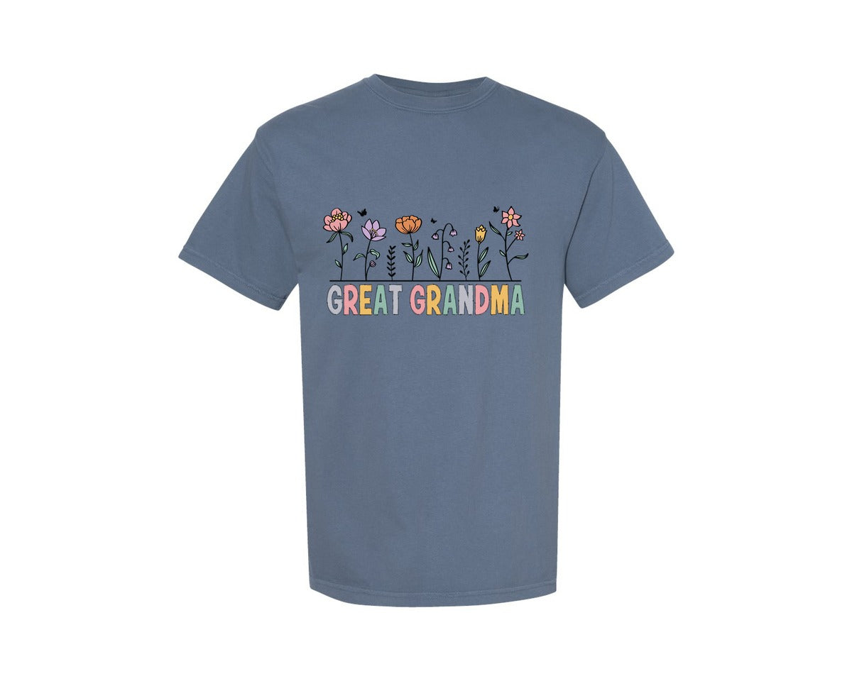 brand:Comfort Colors|color:Blue Jean|Great Grandma Nana Floral Flower Graphic T-Shirt