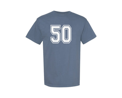 brand:Comfort Colors|color:Blue Jean|Number 50 Birthday Varsity Sports Team Graphic T-Shirt