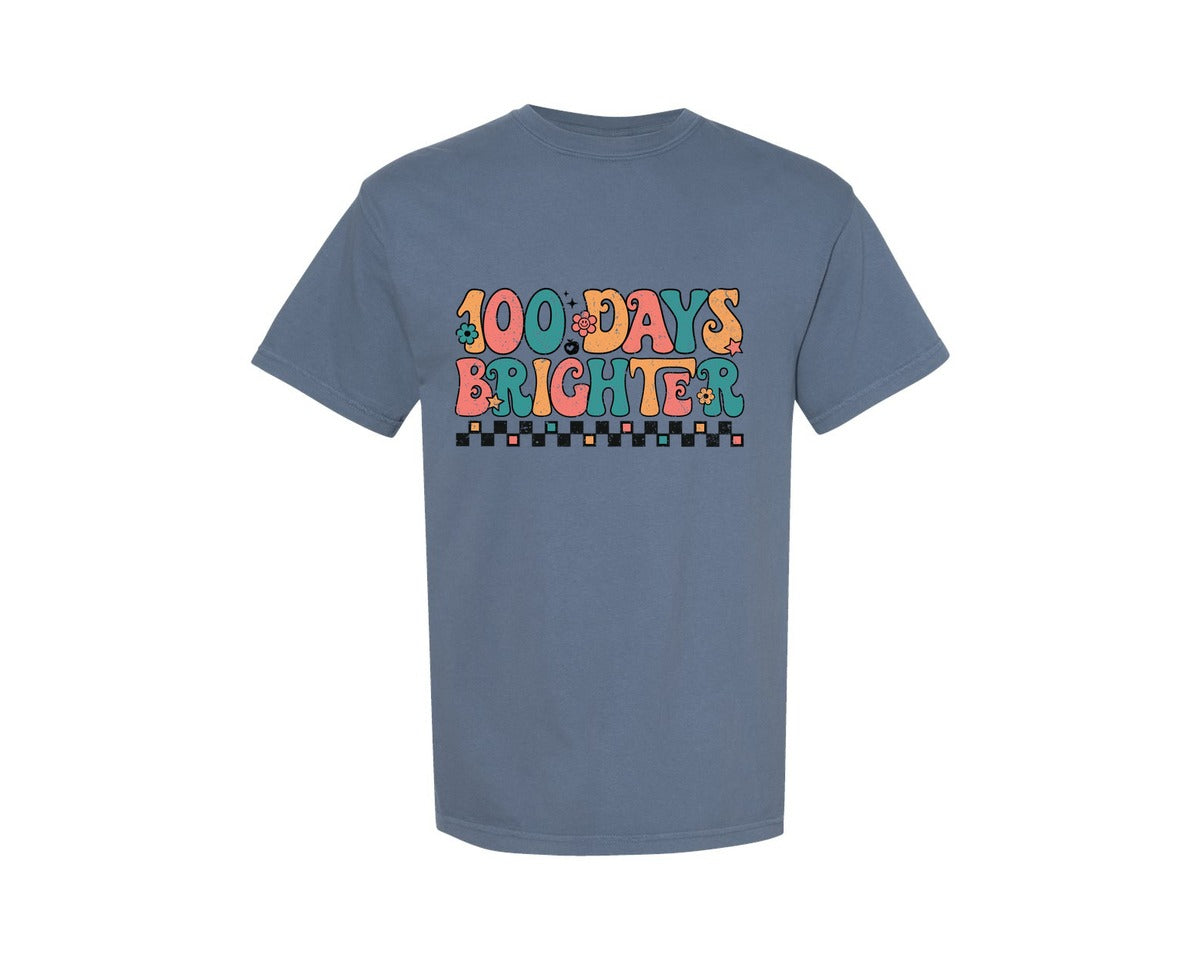 brand:Comfort Colors|color:Blue Jean|100 Days Brighter Retro 100Th Day Graphic T-Shirt