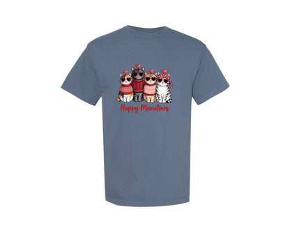 brand:Comfort Colors|color:Blue Jean|Valentines Day Cat Happy Meowtines Graphic T-Shirt