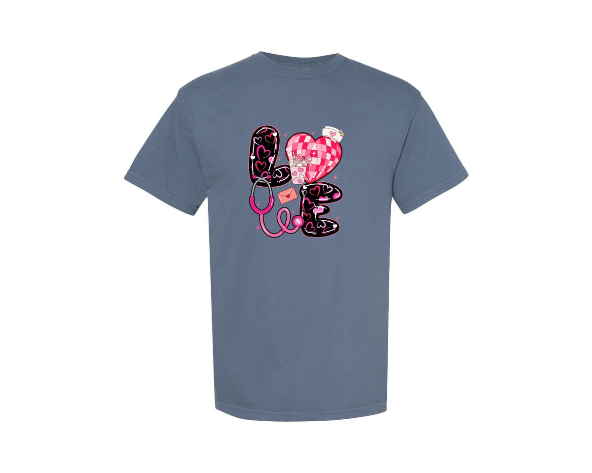 brand:Comfort Colors|color:Blue Jean|Icu Rn Nurse Love Heart Valentines Day Graphic T-Shirt