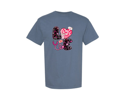 brand:Comfort Colors|color:Blue Jean|Icu Rn Nurse Love Heart Valentines Day Graphic T-Shirt