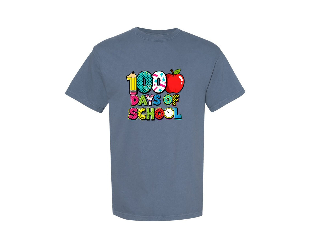 brand:Comfort Colors|color:Blue Jean|Bright Apple 100 Days Of School Graphic T-Shirt