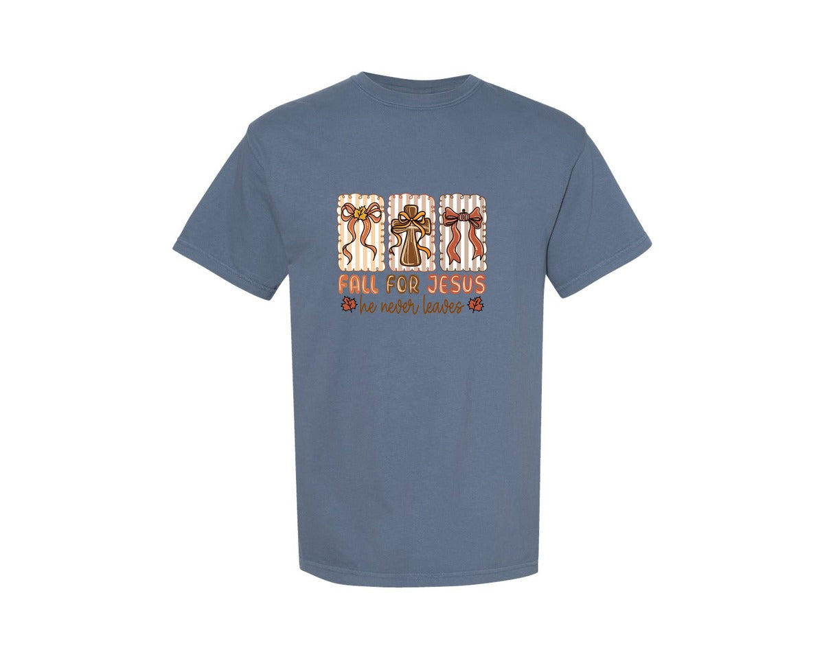 brand:Comfort Colors|color:Blue Jean|Fall For Jesus He Never Leaves Bow Graphic T-Shirt