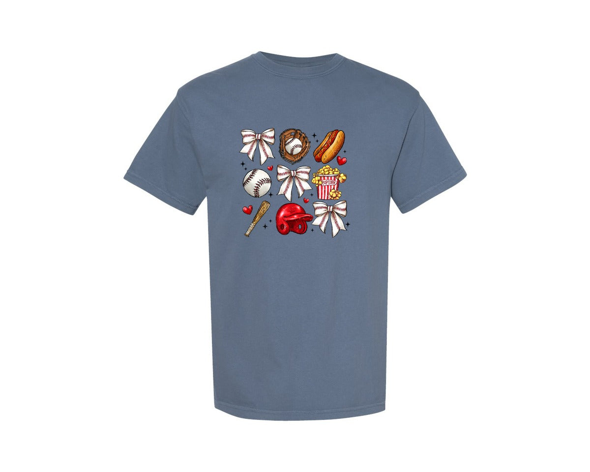 brand:Comfort Colors|color:Blue Jean|Baseball Game Day Baseball Bow Graphic T-Shirt