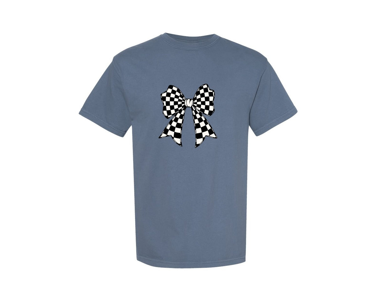 brand:Comfort Colors|color:Blue Jean|Checkered Coquette Bow 3 Graphic T-Shirt
