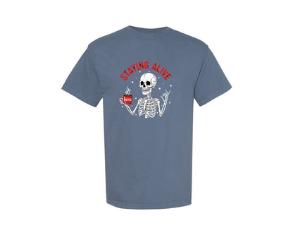 brand:Comfort Colors|color:Blue Jean|Staying Alive Coffee Skeleton Funny Graphic T-Shirt