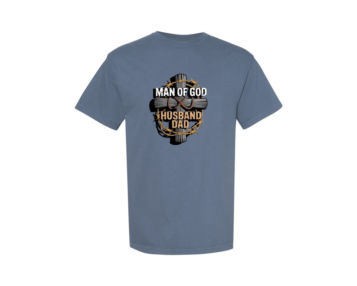 brand:Comfort Colors|color:Blue Jean|Man Of God Bold Wood Cross Graphic T-Shirt