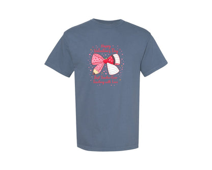 brand:Comfort Colors|color:Blue Jean|Teacher Valentine Coquette Bow Pencil 9 Graphic T-Shirt