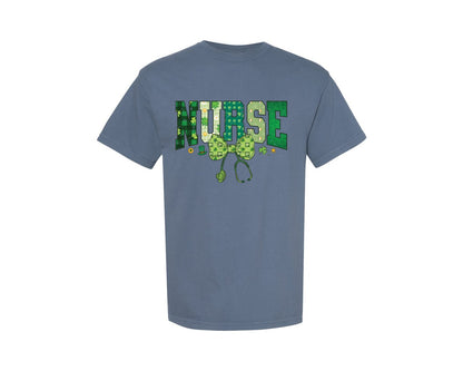 brand:Comfort Colors|color:Blue Jean|Coquette Nurse St Patricks Nurse Bow Graphic T-Shirt