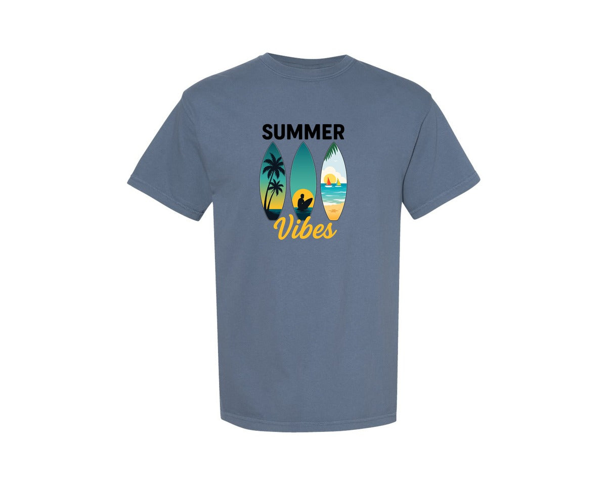 brand:Comfort Colors|color:Blue Jean|Summer Vibes Surfboard T Shirt Design Graphic T-Shirt