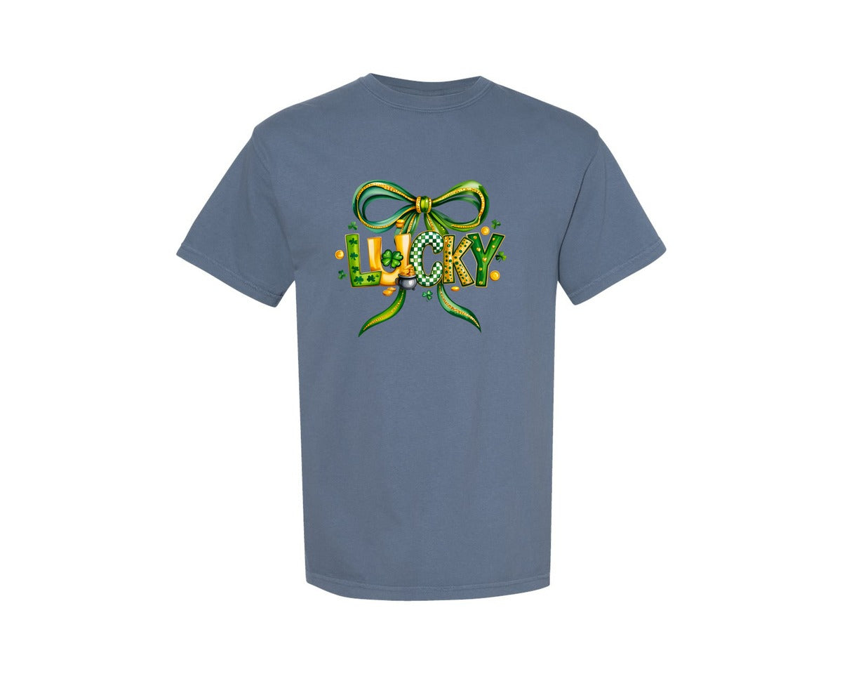 brand:Comfort Colors|color:Blue Jean|Coquette St Patricks Bow Gold Lucky Graphic T-Shirt