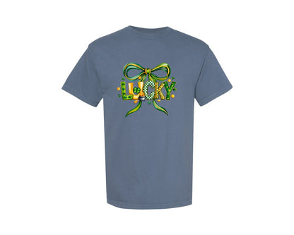 brand:Comfort Colors|color:Blue Jean|Coquette St Patricks Bow Gold Lucky Graphic T-Shirt