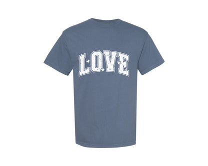 brand:Comfort Colors|color:Blue Jean|Valentine Love Rero Varsity Love Heart Graphic T-Shirt