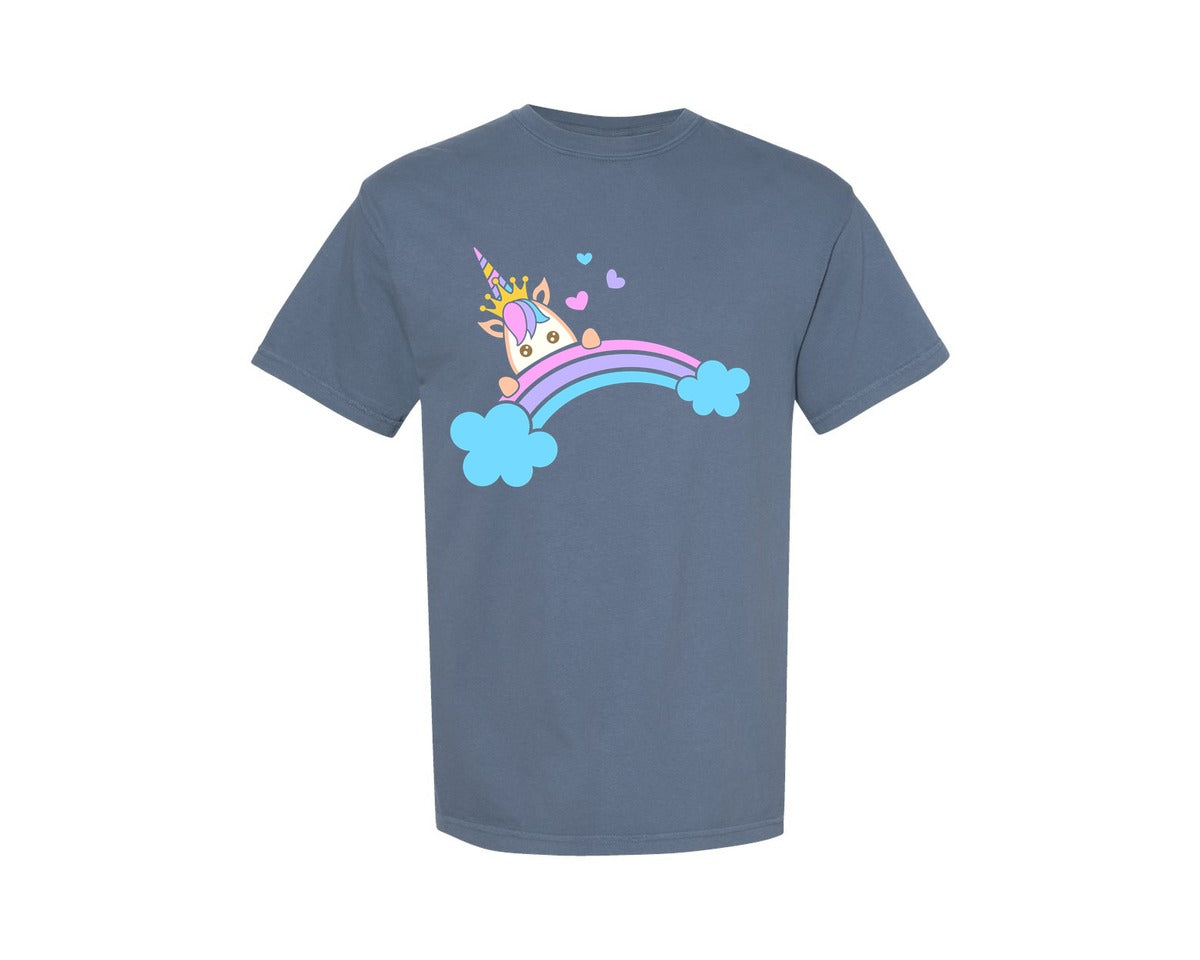 brand:Comfort Colors|color:Blue Jean|Princess Unicorn With Rainbow Graphic T-Shirt