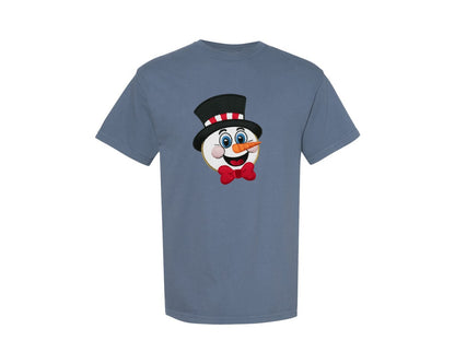 brand:Comfort Colors|color:Blue Jean|Funny Yarn Faux Embroidery Snowman Graphic T-Shirt