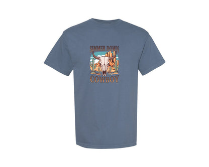 brand:Comfort Colors|color:Blue Jean|Simmer Down Cowboy Western Skull 2 Graphic T-Shirt