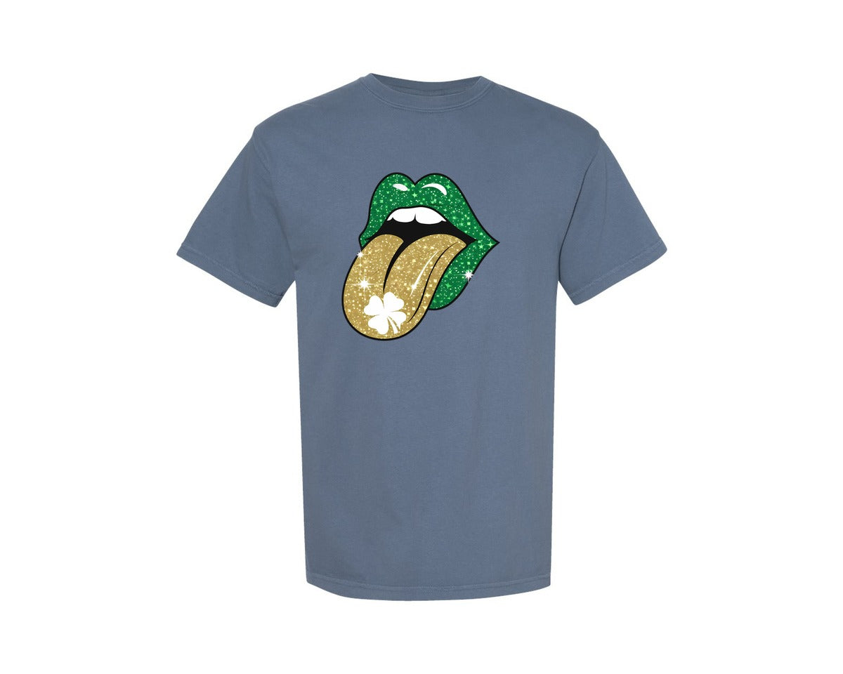 brand:Comfort Colors|color:Blue Jean|Green Lips St Patricks Day Graphic T-Shirt