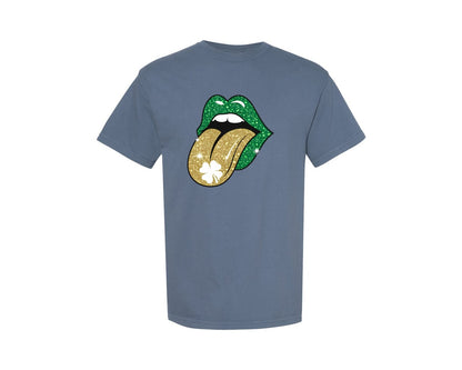brand:Comfort Colors|color:Blue Jean|Green Lips St Patricks Day Graphic T-Shirt