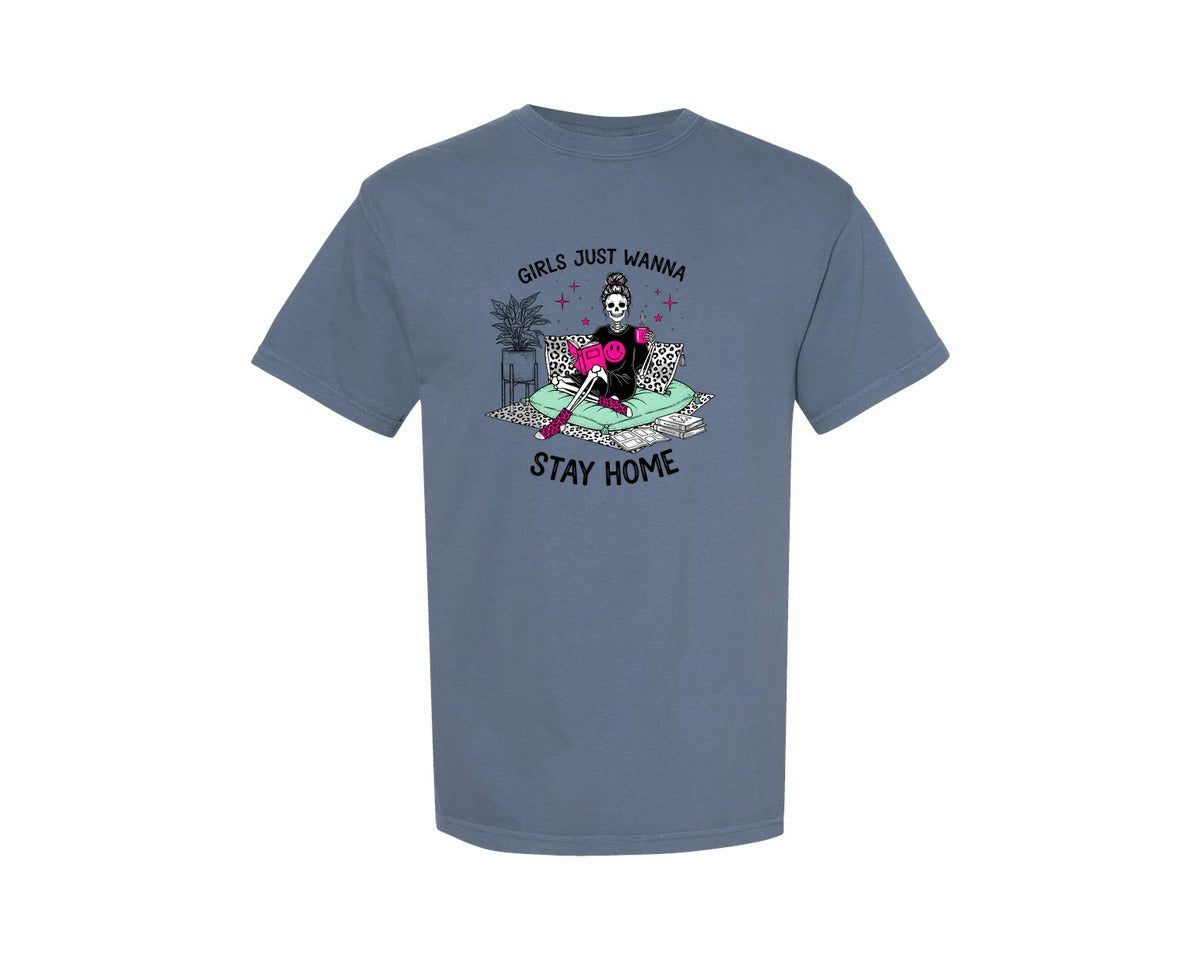 brand:Comfort Colors|color:Blue Jean|Introvert Skeleton Messy Bun Graphic T-Shirt