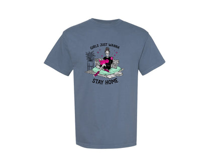 brand:Comfort Colors|color:Blue Jean|Introvert Skeleton Messy Bun Graphic T-Shirt