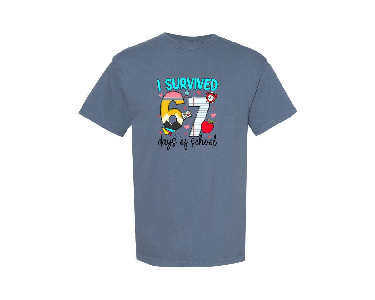 brand:Comfort Colors|color:Blue Jean|I Survived 67 Days Of School Colorful Graphic T-Shirt