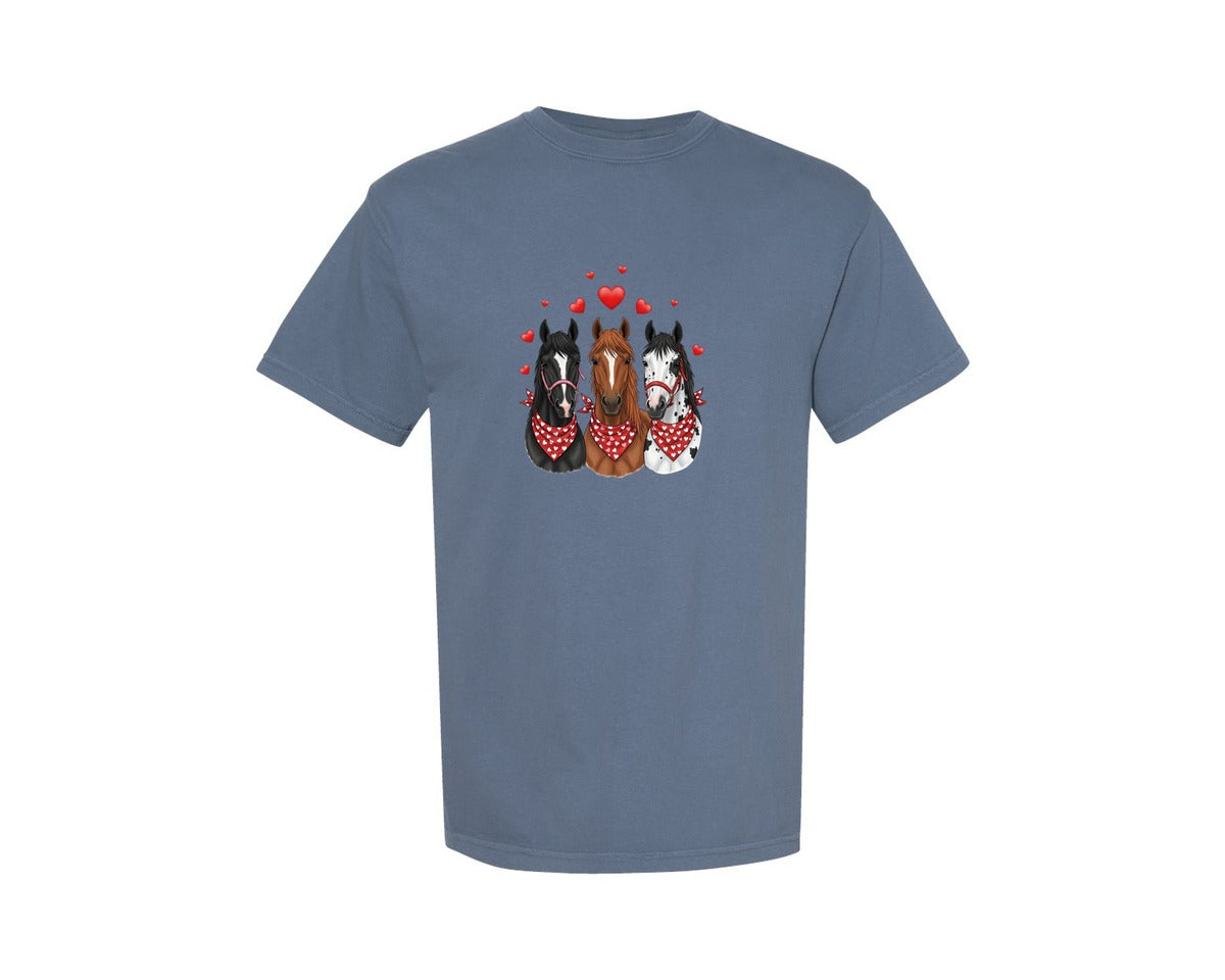 brand:Comfort Colors|color:Blue Jean|Three Horses Valentines Day Cute Animal Graphic T-Shirt