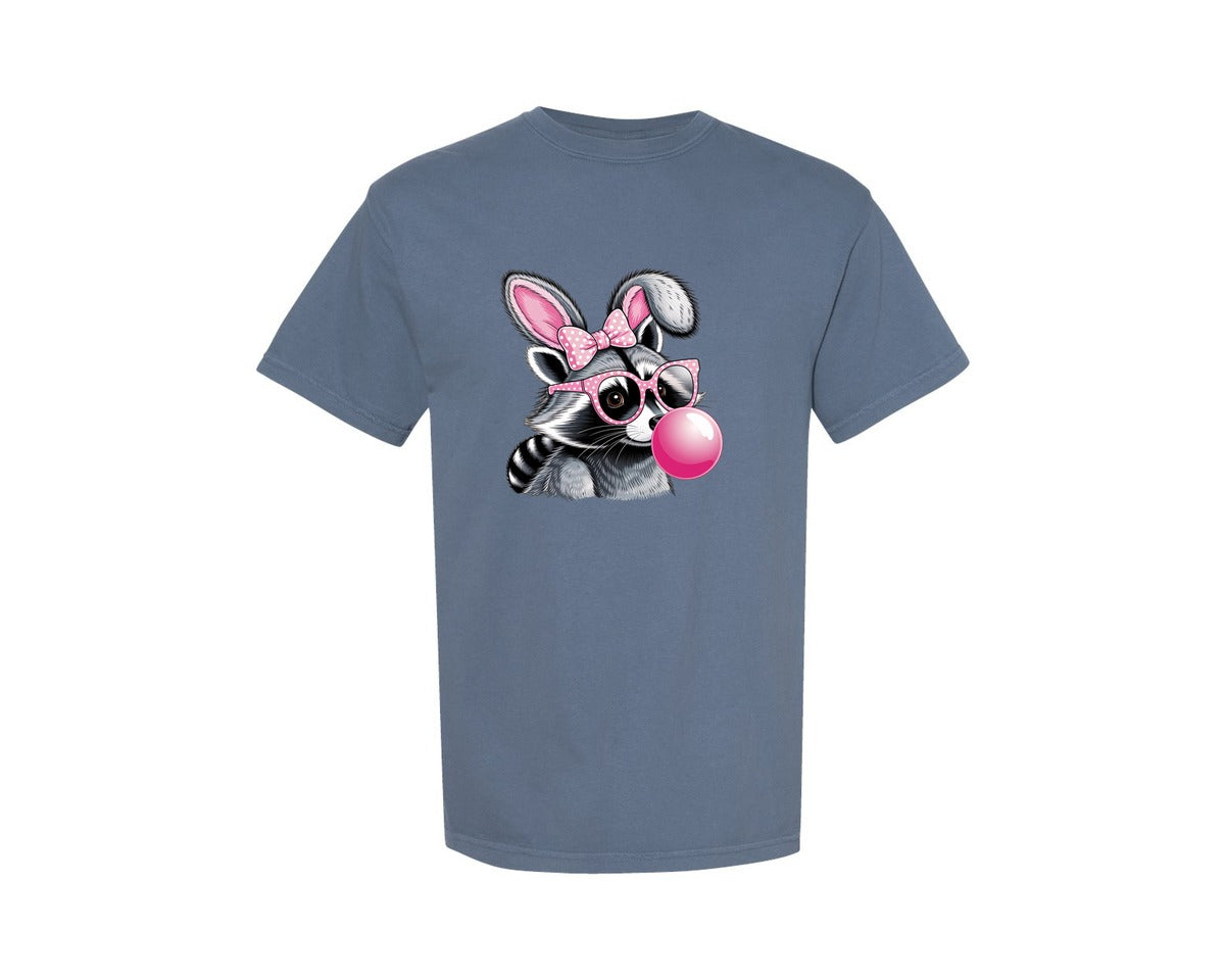 brand:Comfort Colors|color:Blue Jean|Cute Raccoon With Glasses Bubble Gum 6 Graphic T-Shirt