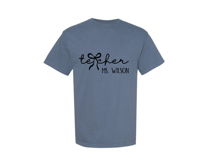 brand:Comfort Colors|color:Blue Jean|Teacher Pink Coquette Bow I Graphic T-Shirt