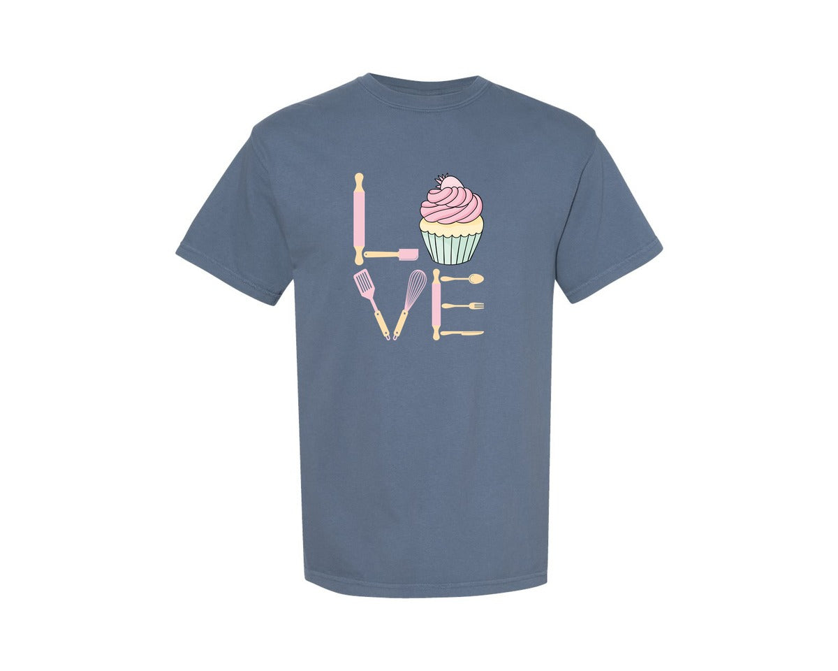 brand:Comfort Colors|color:Blue Jean|Baking Love Cupcake Whisk Spatula Graphic T-Shirt