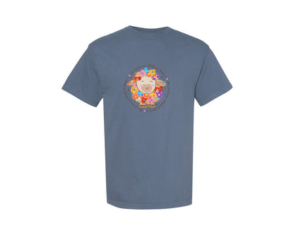 brand:Comfort Colors|color:Blue Jean|Floral Christian Easter Lamb Graphic T-Shirt