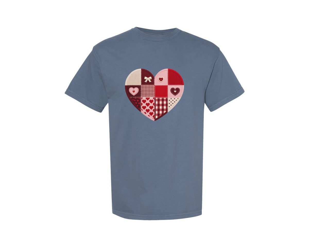 brand:Comfort Colors|color:Blue Jean|Patchwork Crochet Valentine Heart Graphic T-Shirt