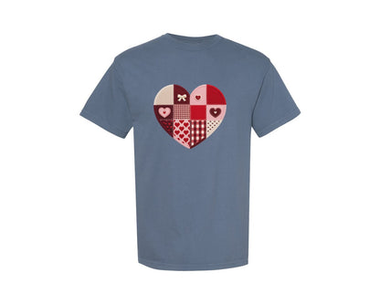 brand:Comfort Colors|color:Blue Jean|Patchwork Crochet Valentine Heart Graphic T-Shirt
