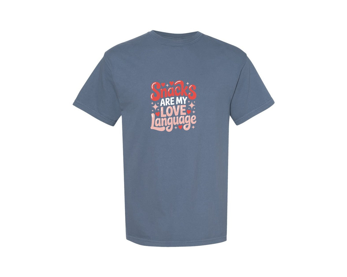 brand:Comfort Colors|color:Blue Jean|Snacks Are My Love Language Cute Food Graphic T-Shirt