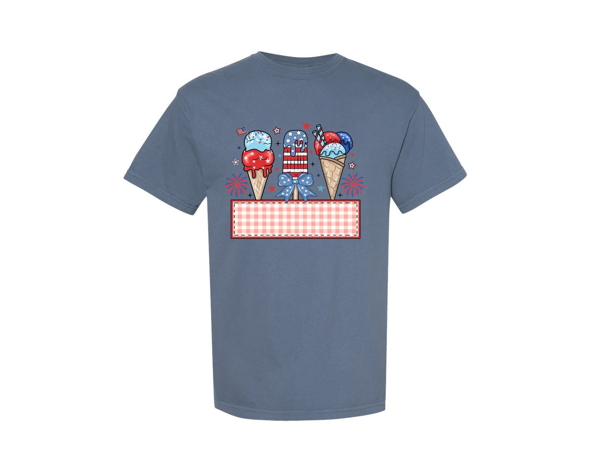 brand:Comfort Colors|color:Blue Jean|4Th Of July Kids Kid Name Bow Graphic T-Shirt