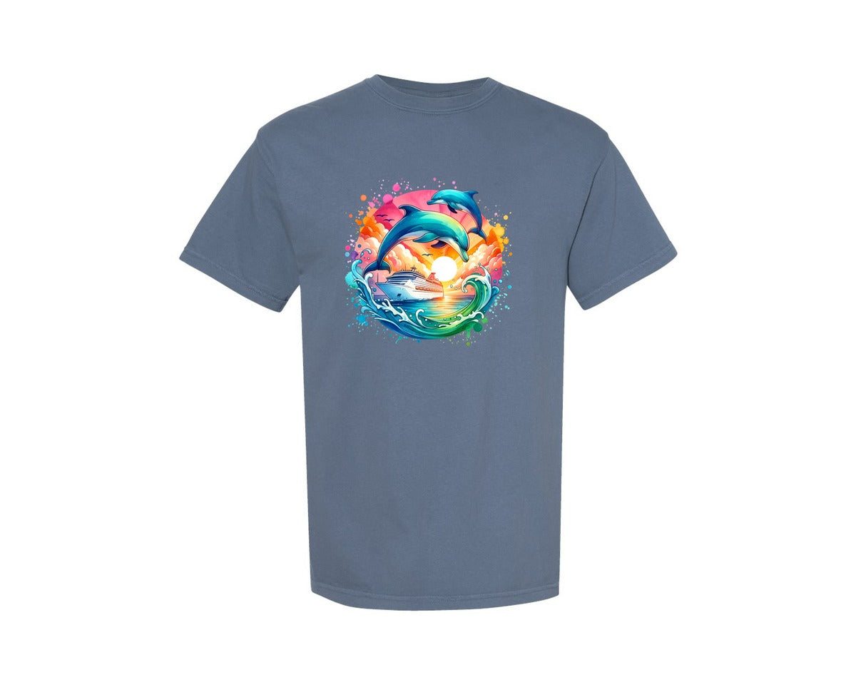 brand:Comfort Colors|color:Blue Jean|Colorful Cruise Ship Dolphin Graphic T-Shirt