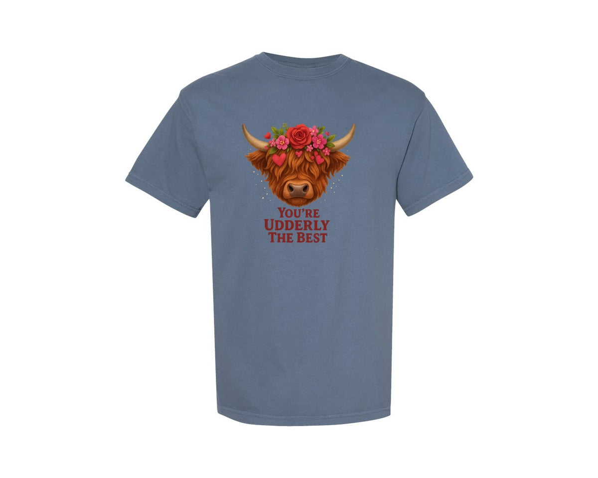 brand:Comfort Colors|color:Blue Jean|Udderly The Best Highland Cow Clip Graphic T-Shirt