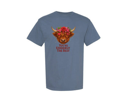 brand:Comfort Colors|color:Blue Jean|Udderly The Best Highland Cow Clip Graphic T-Shirt