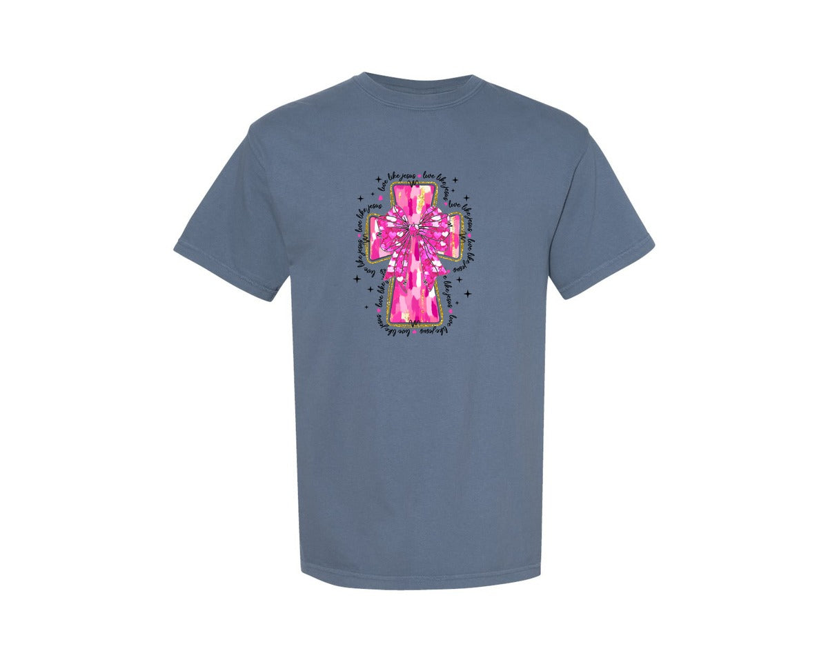 brand:Comfort Colors|color:Blue Jean|Jesus Valentine Cross Coquette Bow Graphic T-Shirt